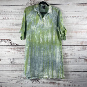 Pure Amici Women's Size M Roll Tab Sleeve Green Tie Dye Linen Shirt Dress